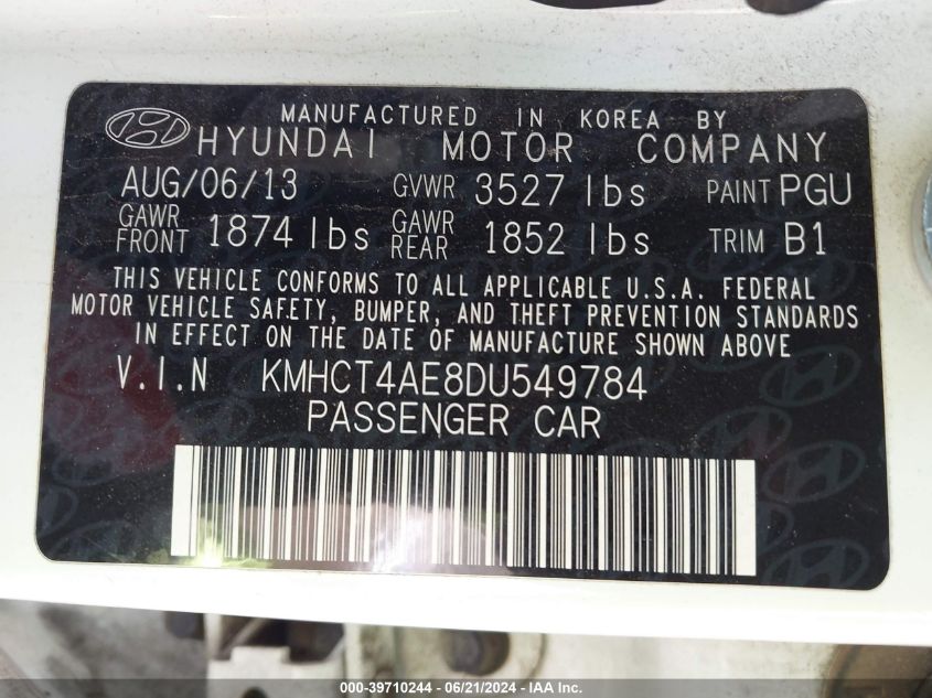 2013 Hyundai Accent Gls VIN: KMHCT4AE8DU549784 Lot: 39710244