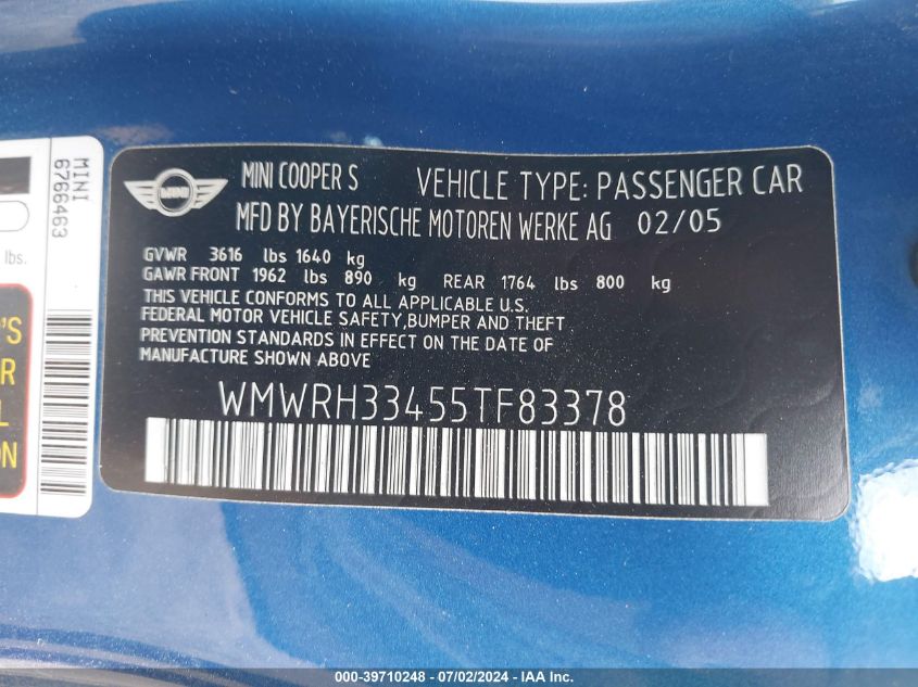 2005 Mini Cooper S VIN: WMWRH33455TF83378 Lot: 39710248