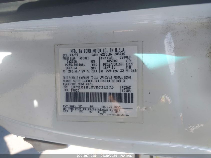 1997 Ford F-150 Lariat/Xl/Xlt VIN: 1FTEX18LXVKC31375 Lot: 39710251