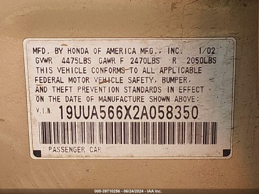 2002 Acura Tl 3.2 (A5) VIN: 19UUA566X2A058350 Lot: 39710256