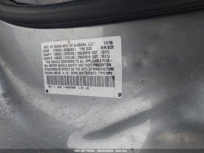 2007 Honda Odyssey Ex VIN: 5FNRL38417B024973 Lot: 39710264