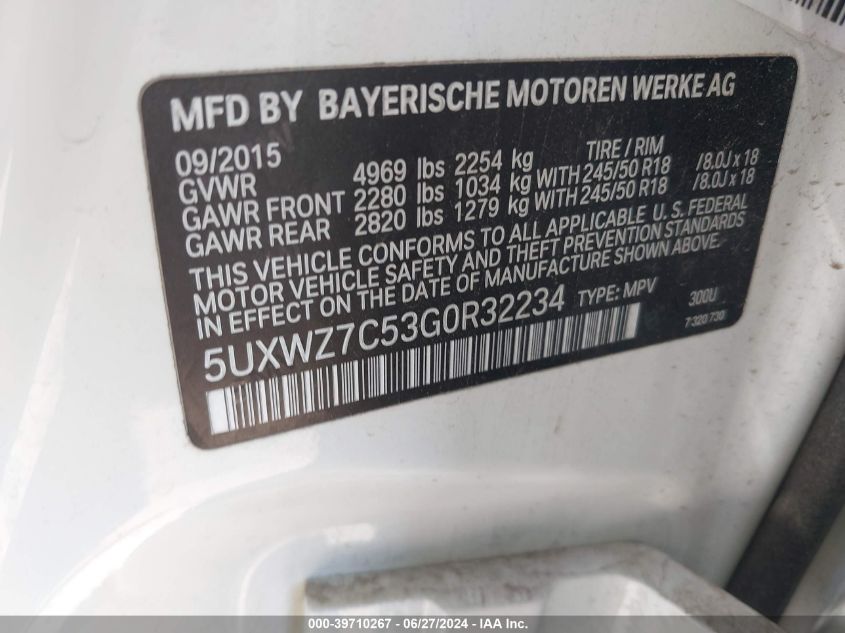 2016 BMW X3 Sdrive28I VIN: 5UXWZ7C53G0R32234 Lot: 39710267