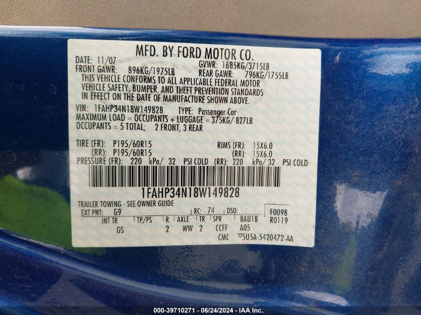 2008 Ford Focus S VIN: 1FAHP34N18W149828 Lot: 39710271