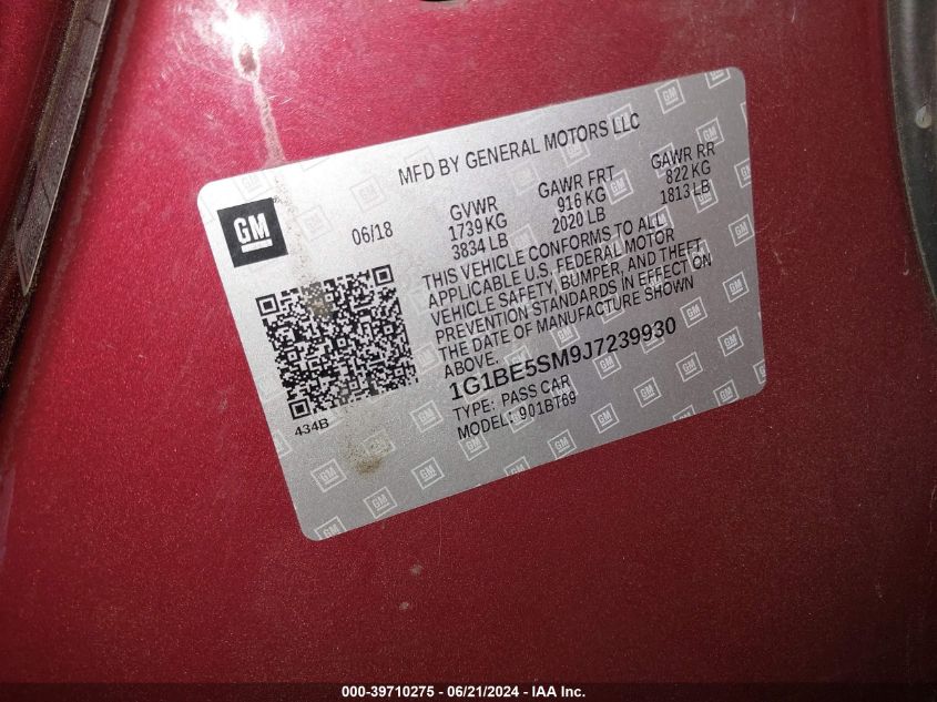 2018 Chevrolet Cruze Lt VIN: 1G1BE5SM9J7239930 Lot: 39710275