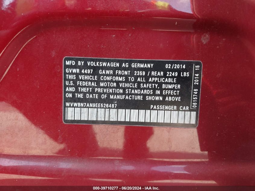 2014 Volkswagen Cc 2.0T Sport VIN: WVWBN7AN9EE526487 Lot: 39710277