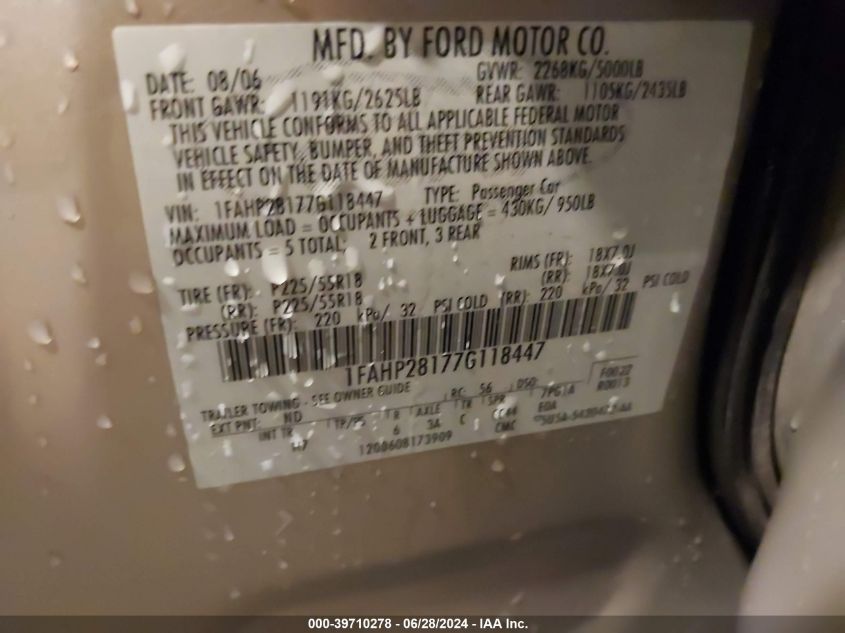 2007 Ford Five Hundred Limited VIN: 1FAHP28177G118447 Lot: 39710278