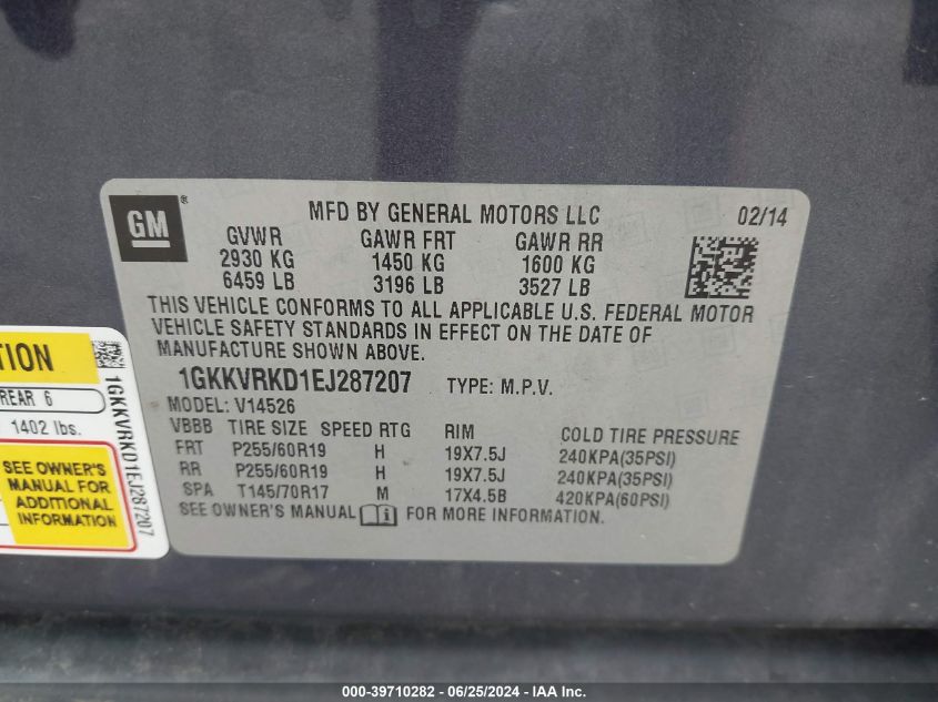 2014 GMC Acadia Slt-1 VIN: 1GKKVRKD1EJ287207 Lot: 39710282