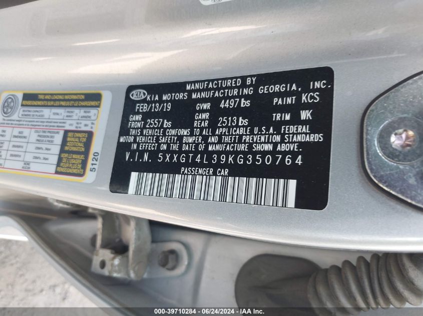 2019 Kia Optima Lx VIN: 5XXGT4L39KG350764 Lot: 39710284