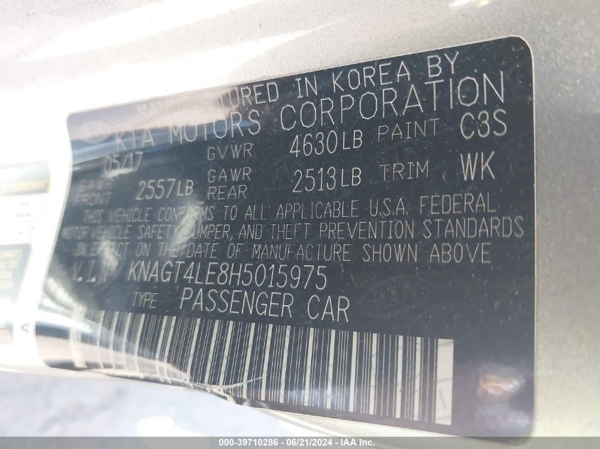 2017 Kia Optima Hybrid VIN: KNAGT4LE8H5015975 Lot: 39710286