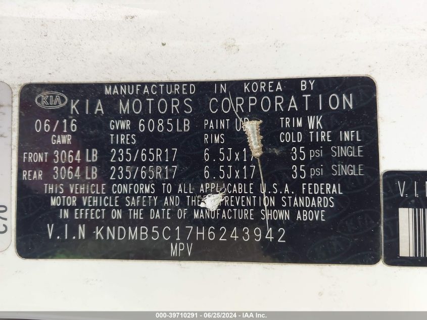 2017 Kia Sedona Lx VIN: KNDMB5C17H6243942 Lot: 39710291