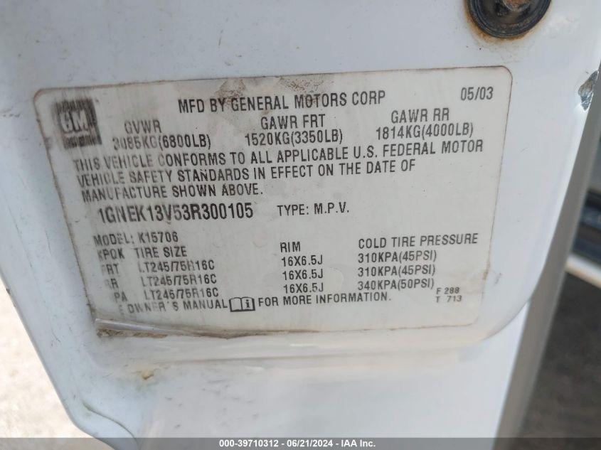 2003 Chevrolet Tahoe Ls VIN: 1GNEK13V53R300105 Lot: 39710312