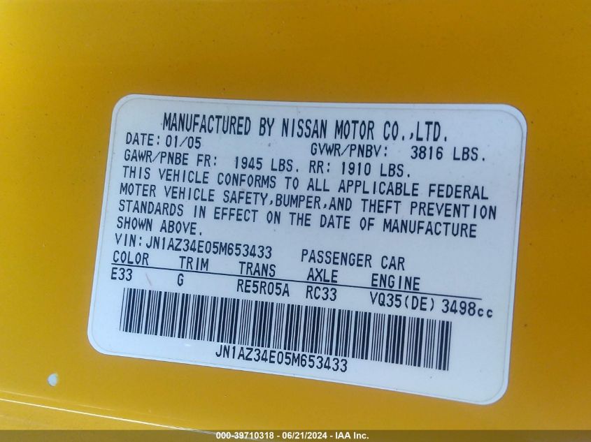 2005 Nissan 350Z Coupe VIN: JN1AZ34E05M653433 Lot: 39710318