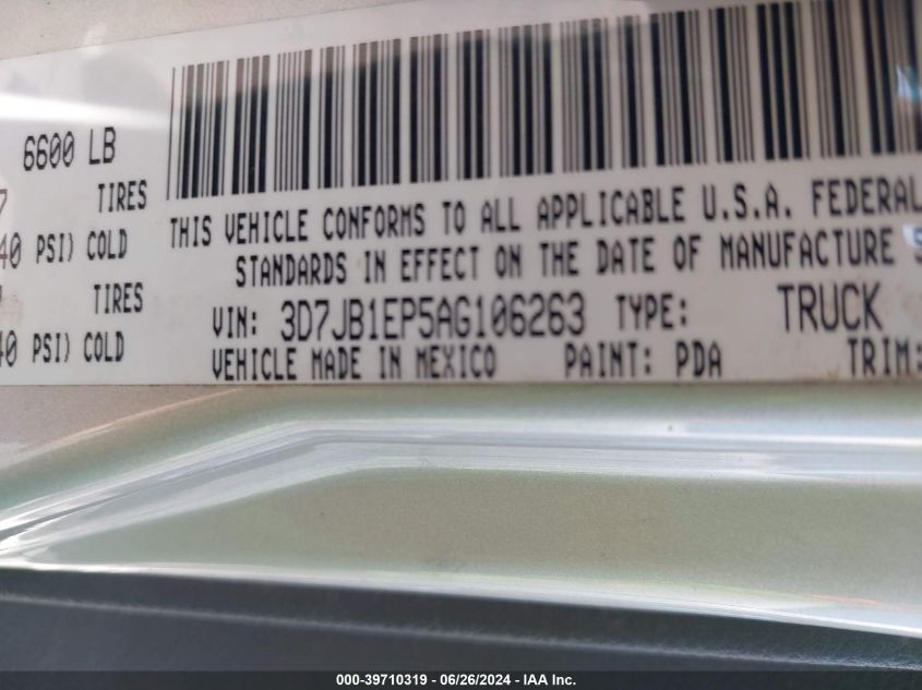 2010 Dodge Ram 1500 St VIN: 3D7JB1EP5AG106263 Lot: 39710319