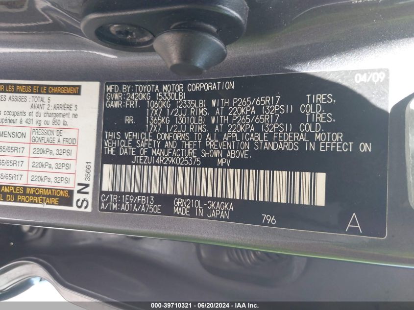 2009 Toyota 4Runner Sport V6/Sr5 V6 VIN: JTEZU14R29K025375 Lot: 39710321