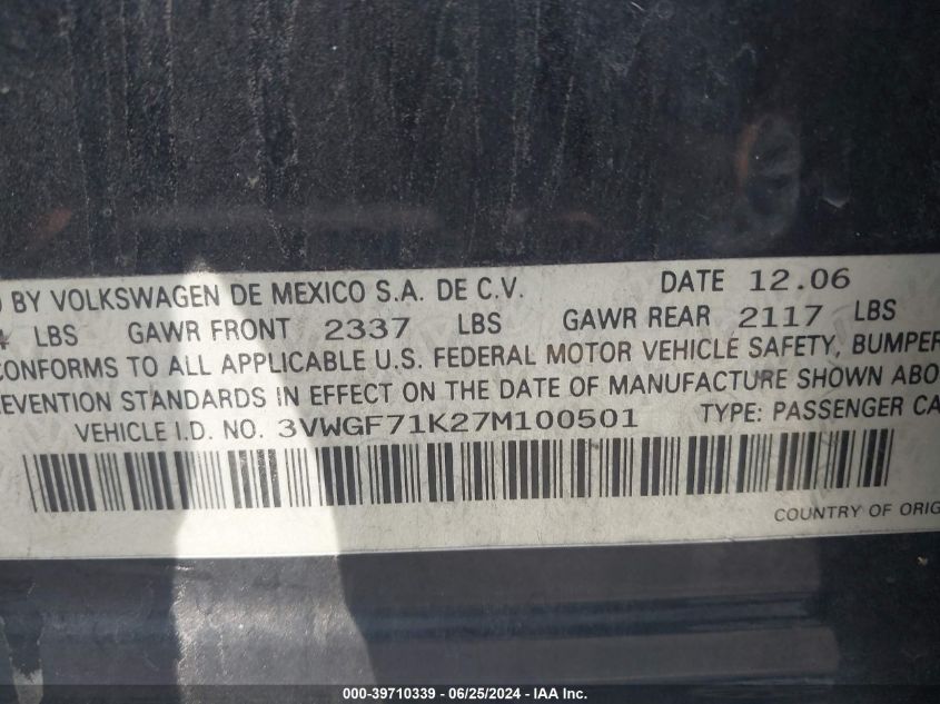 2007 Volkswagen Jetta VIN: 3VWGF71K27M100501 Lot: 39710339