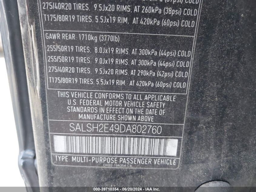 2013 Land Rover Range Rover Sport Supercharged VIN: SALSH2E49DA802760 Lot: 39710354