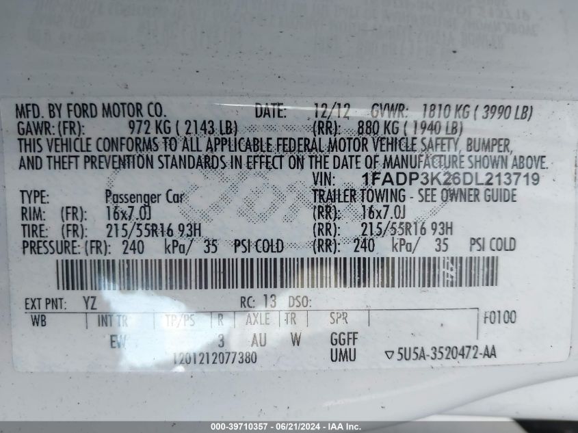 2013 Ford Focus Se VIN: 1FADP3K26DL213719 Lot: 39710357