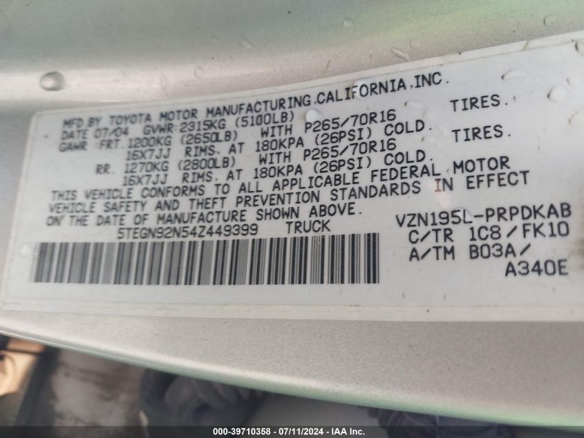 2004 Toyota Tacoma Prerunner V6 VIN: 5TEGN92N54Z449399 Lot: 39710358