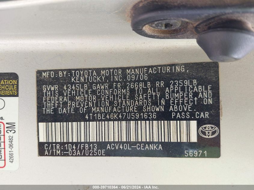 2007 Toyota Camry Le VIN: 4T1BE46K47U591636 Lot: 39710364