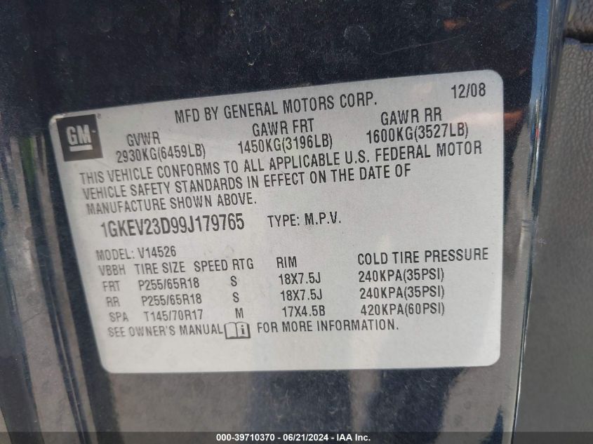 2009 GMC Acadia Slt-1 VIN: 1GKEV23D99J179765 Lot: 39710370