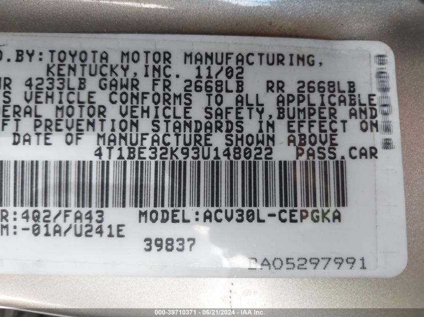 2003 Toyota Camry Xle VIN: 4T1BE32K93U148022 Lot: 39710371