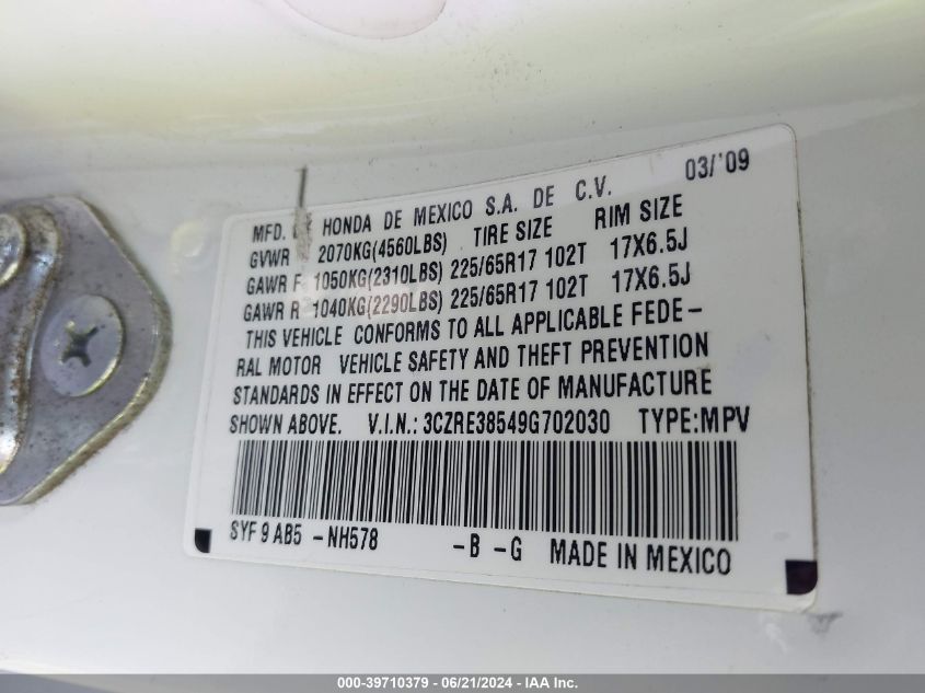 2009 Honda Cr-V Ex VIN: 3CZRE38549G702030 Lot: 39710379
