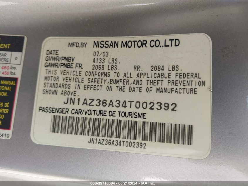 2004 Nissan 350Z Touring VIN: JN1AZ36A34T002392 Lot: 39710394