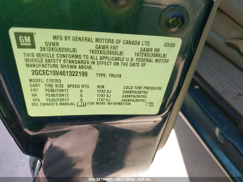 2006 Chevrolet Silverado 1500 Lt1 VIN: 2GCEC19V461322199 Lot: 39710401