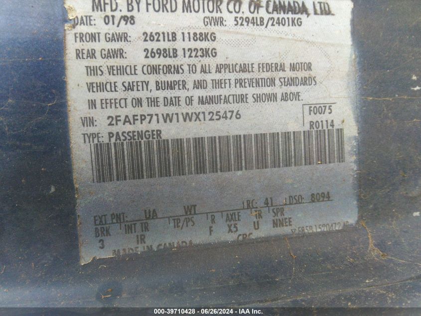 1998 Ford Crown Victoria Police Interceptor VIN: 2FAFP71W1WX125476 Lot: 39710428