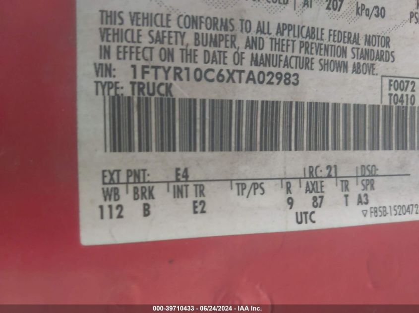 1999 Ford Ranger Xl/Xlt VIN: 1FTYR10C6XTA02983 Lot: 39710433