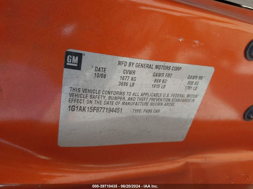 2007 Chevrolet Cobalt Ls VIN: 1G1AK15F877194451 Lot: 39710435