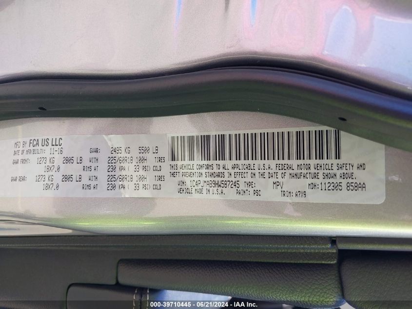 2017 Jeep Cherokee Altitude 4X4 VIN: 1C4PJMAB9HW587245 Lot: 39710445