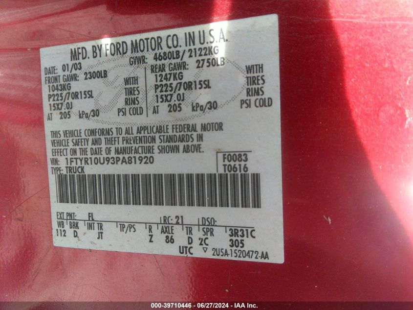 2003 Ford Ranger Edge/Xl/Xlt VIN: 1FTYR10U93PA81920 Lot: 39710446