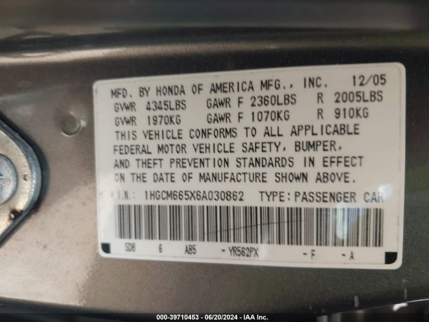 2006 Honda Accord 3.0 Ex VIN: 1HGCM665X6A030862 Lot: 39710453