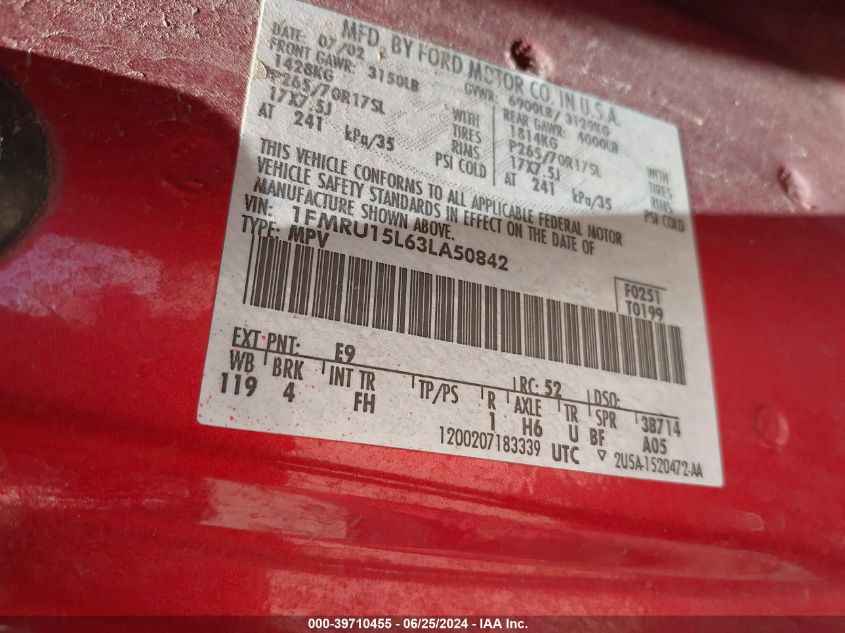 2003 Ford Expedition Xlt VIN: 1FMRU15L63LA50842 Lot: 39710455