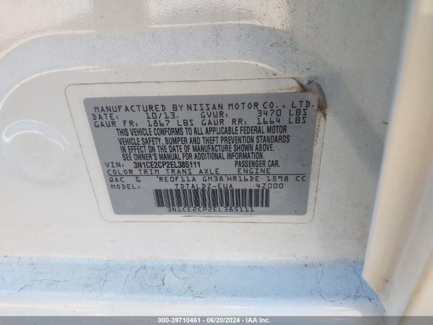 2014 Nissan Versa Note Sv VIN: 3N1CE2CP2EL385111 Lot: 39710461