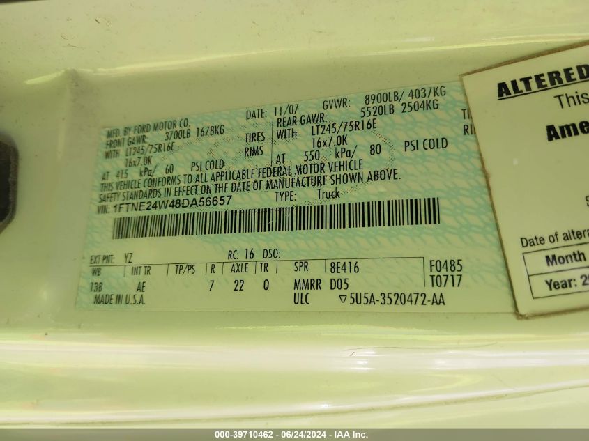 2008 Ford E-250 Commercial/Recreational VIN: 1FTNE24W48DA56657 Lot: 39710462