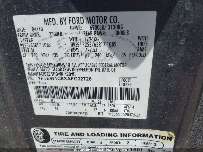 2010 Ford F-150 Fx2 Sport/Xl/Xlt VIN: 1FTEW1C8XAFC02726 Lot: 39710477