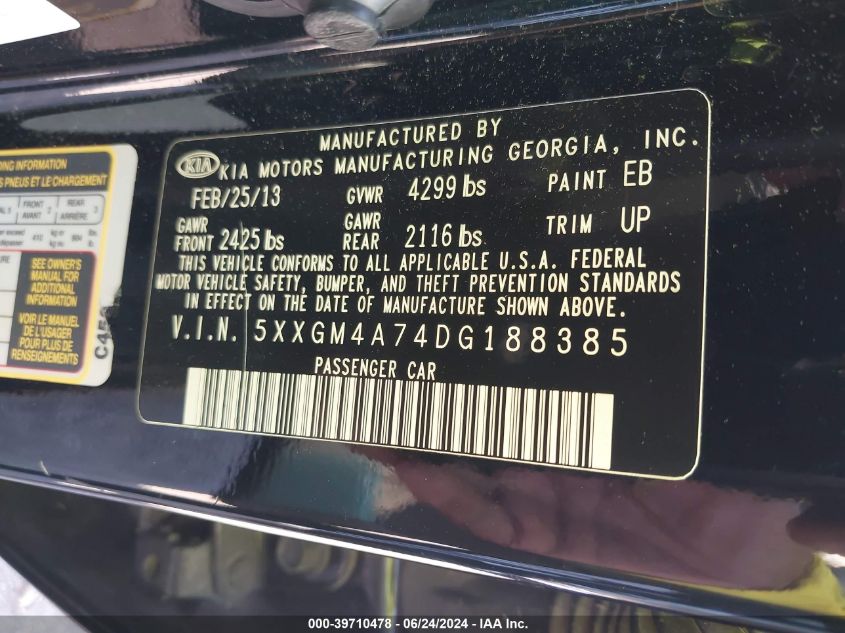 2013 Kia Optima Lx VIN: 5XXGM4A74DG188385 Lot: 39710478