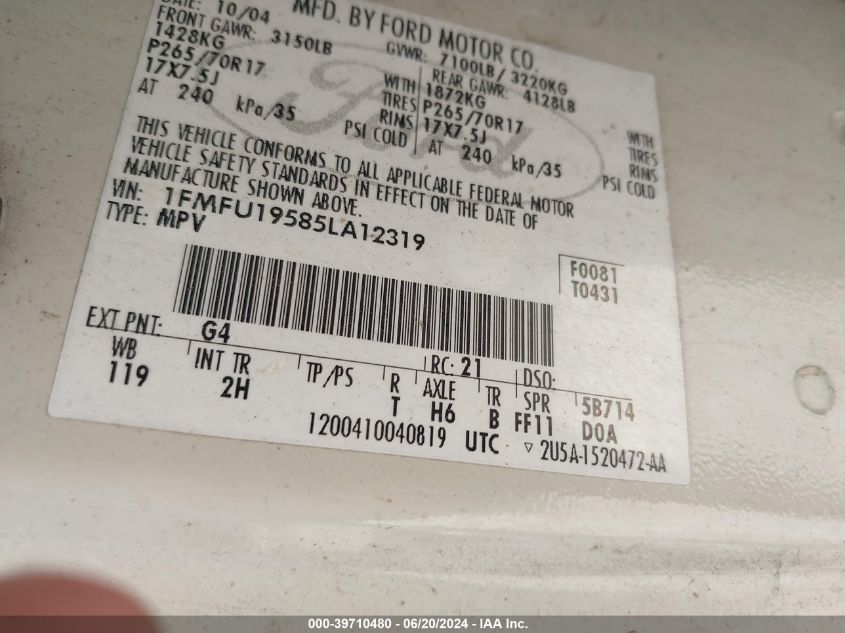 2005 Ford Expedition Limited VIN: 1FMFU19585LA12319 Lot: 39710480