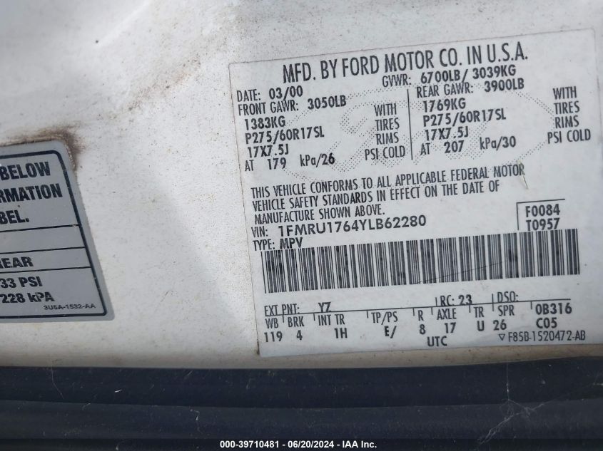 2000 Ford Expedition Eddie Bauer VIN: 1FMRU1764YLB62280 Lot: 39710481