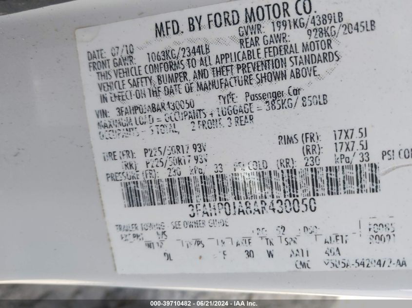 2010 Ford Fusion Sel VIN: 3FAHP0JA8AR430050 Lot: 39710482