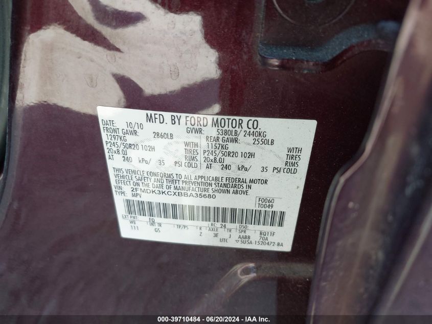 2011 Ford Edge Limited VIN: 2FMDK3KCXBBA35680 Lot: 39710484
