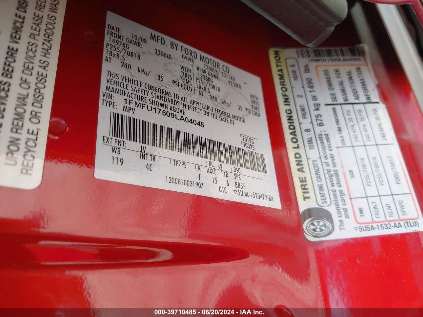 2009 Ford Expedition Eddie Bauer/King Ranch VIN: 1FMFU17509LA04045 Lot: 39710485