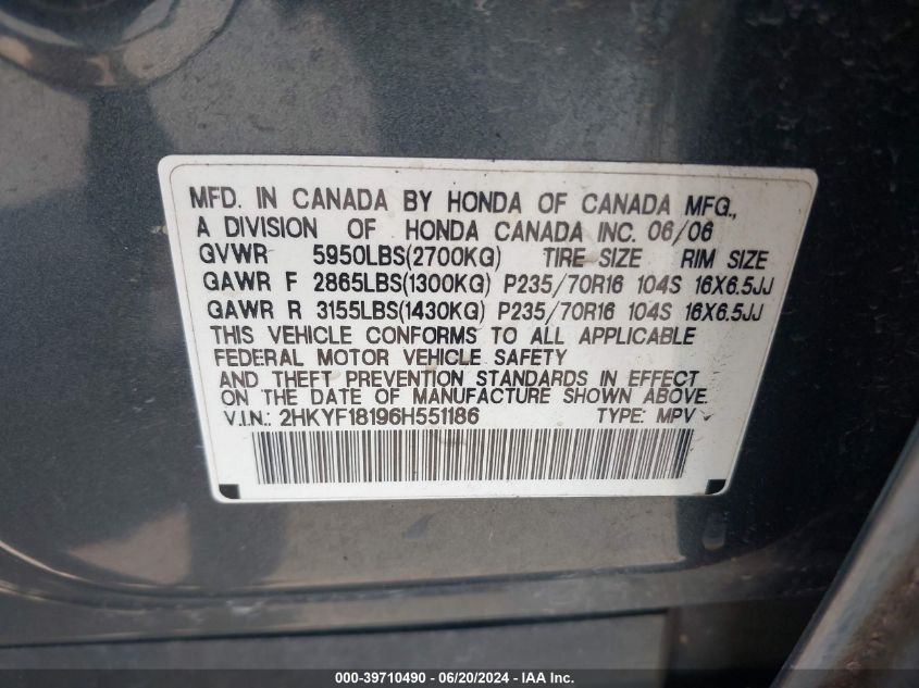 2006 Honda Pilot Lx VIN: 2HKYF18196H551186 Lot: 39710490