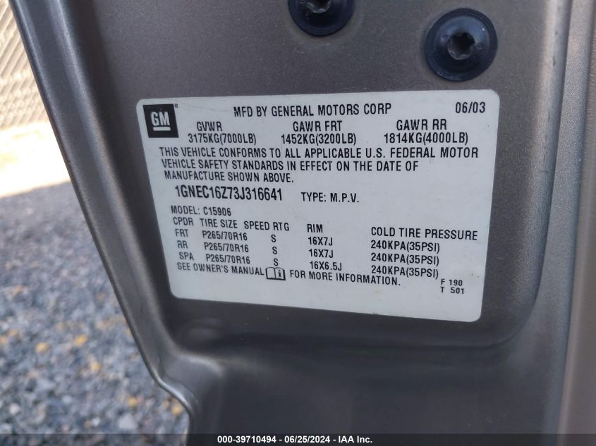 2003 Chevrolet Suburban 1500 Lt VIN: 1GNEC16Z73J316641 Lot: 39710494