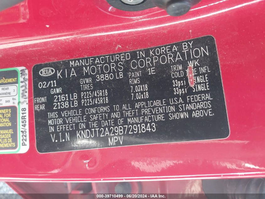 2011 Kia Soul + VIN: KNDJT2A29B7291843 Lot: 39710499