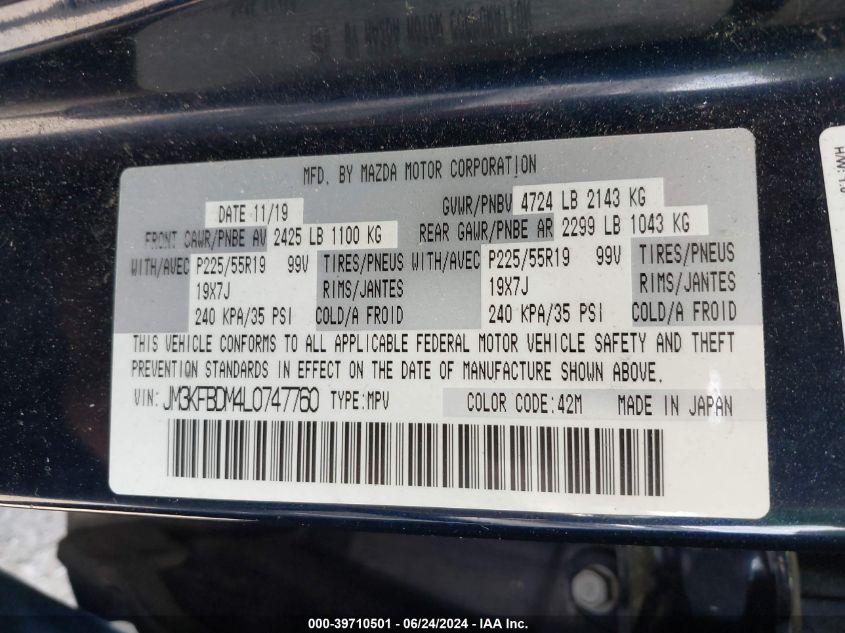 2020 Mazda Cx-5 Grand Touring VIN: JM3KFBDM4L0747760 Lot: 39710501