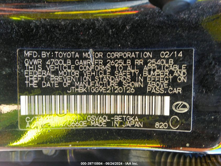 2014 Lexus Es 350 VIN: JTHBK1GG9E2120126 Lot: 39710504