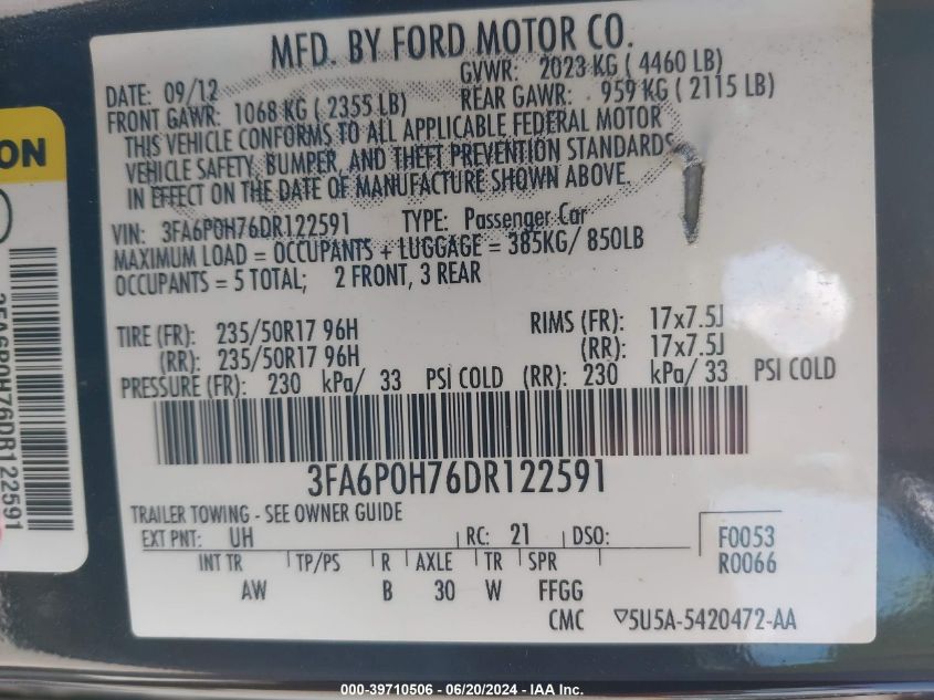 2013 Ford Fusion Se VIN: 3FA6P0H76DR122591 Lot: 39710506